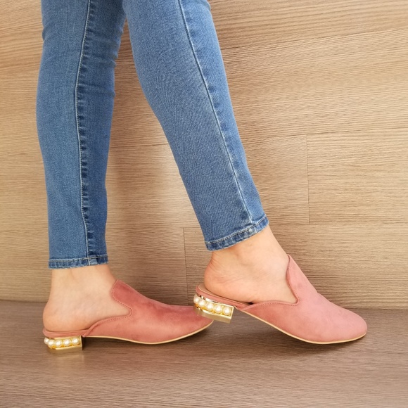 Suede Slip On Loafer Mule Pearl Accents on Heel-B - Picture 6 of 7